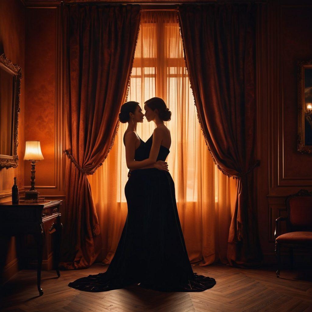 A captivating scene of a dimly lit room adorned with rich, velvet curtains, showcasing an elegant silhouette of a couple intertwined in a passionate embrace. The atmosphere is charged with warmth, sensuality, and intrigue, subtly hinting at the depths of human desire. Soft shadows dance on the walls, enhanced by flickering candlelight, creating an intimate ambiance. The overall vibe evokes curiosity and allure, inviting the viewer to explore the themes of passion and adult entertainment. super-realistic. warm colors. moody lighting.