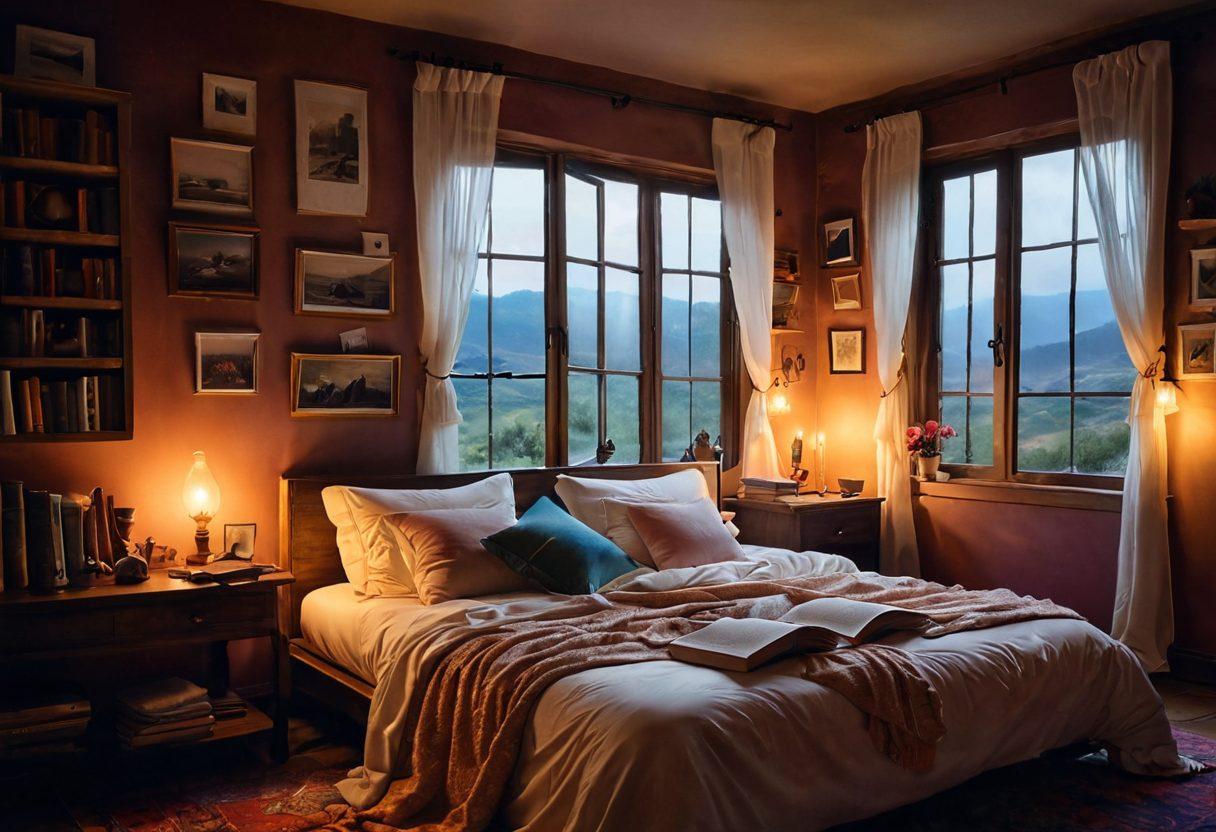A surreal landscape depicting a dreamy bedroom filled with soft, warm lighting, colorful pillows, and various intimate artifacts. Enveloping the scene are ethereal wisps of sensual imagery that blend into the background, symbolizing diverse erotic fantasies. A glimpse of an open book lies on the bed, pages fluttering as if alive, inviting the viewer into the world of imagination. The ambiance is both enchanting and alluring, evoking a sense of intimacy and exploration. vibrant colors. super-realistic.